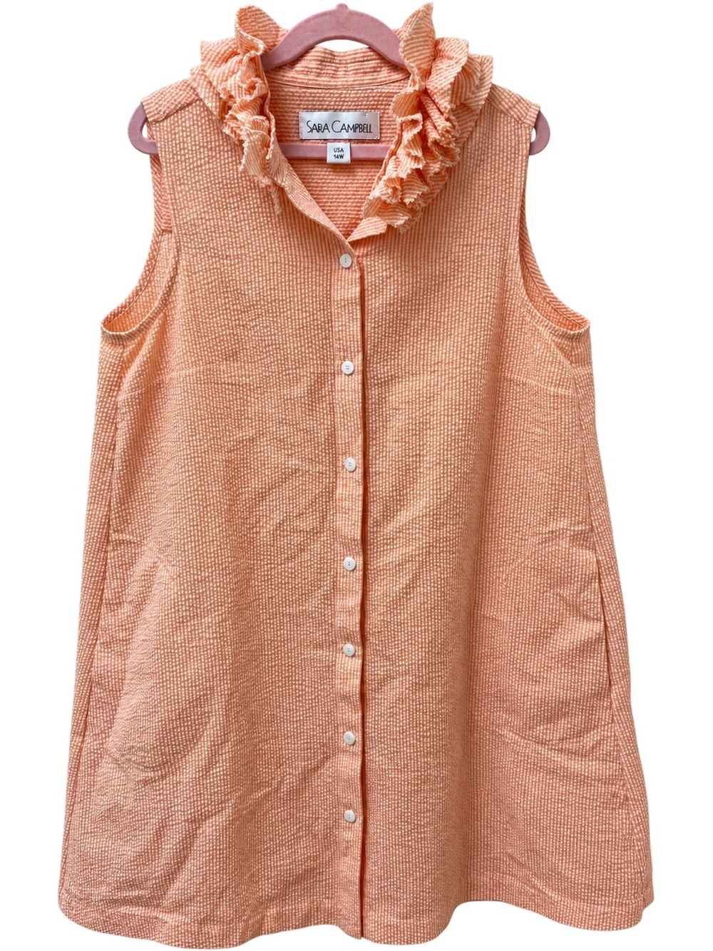 Sara Campbell Peach Textured Sleeveless A-Line Dress with Ruffle Collar.